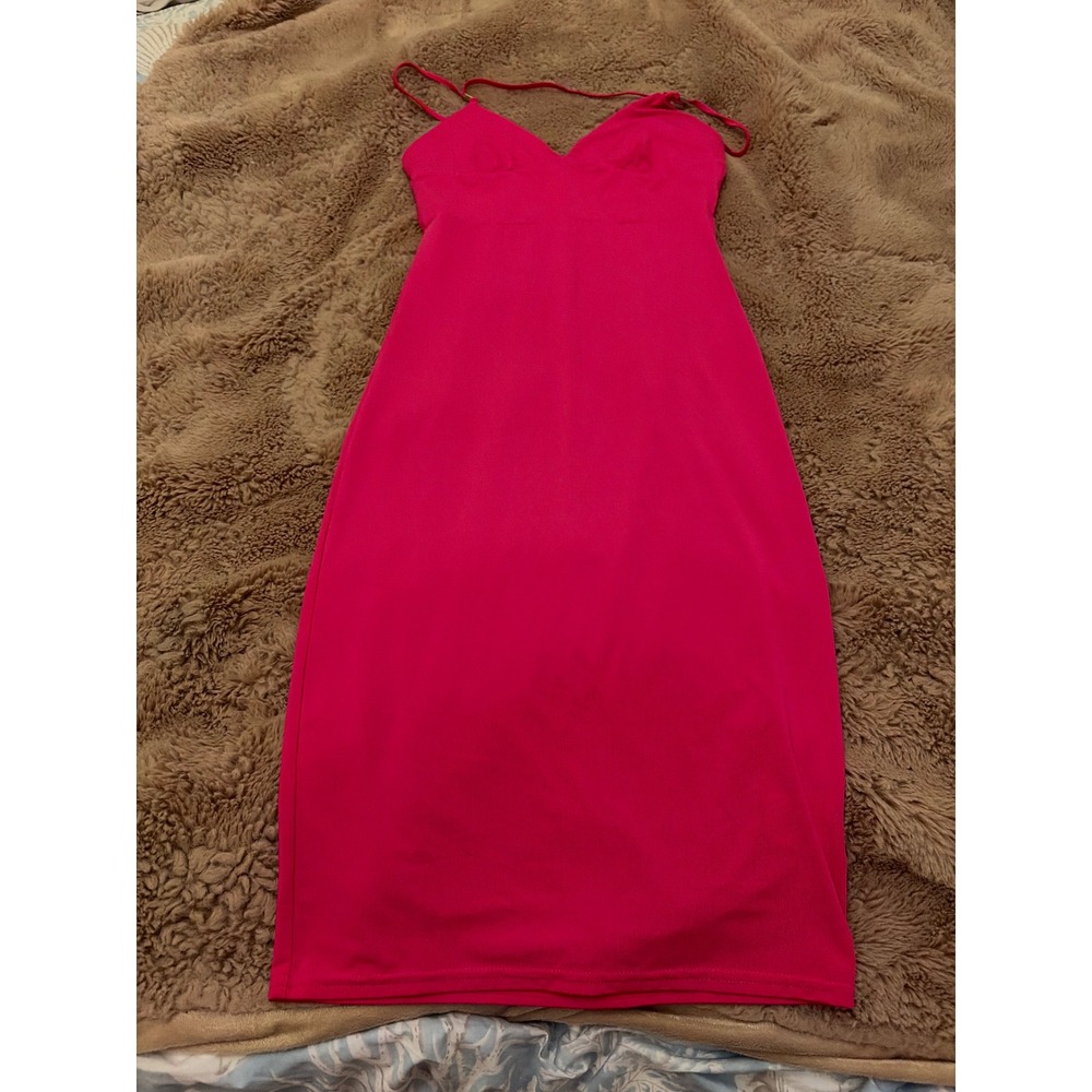 Nicki Minaj Hot Pink Bodycon Midi Dress V-Neck Spaghetti Strap Small 2016